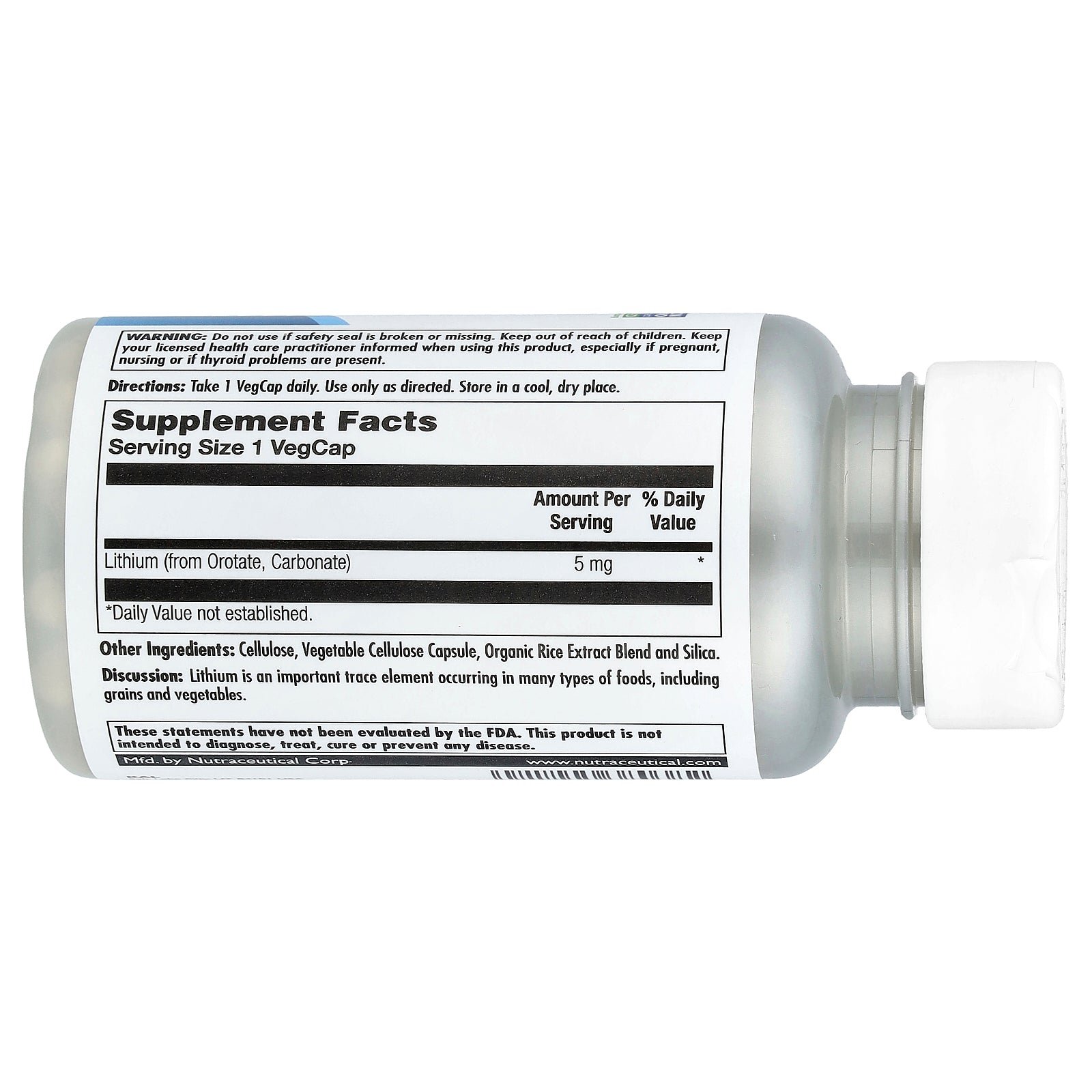 Supplement facts label for KAL Lithium Orotate 5mg 60 Capsules
