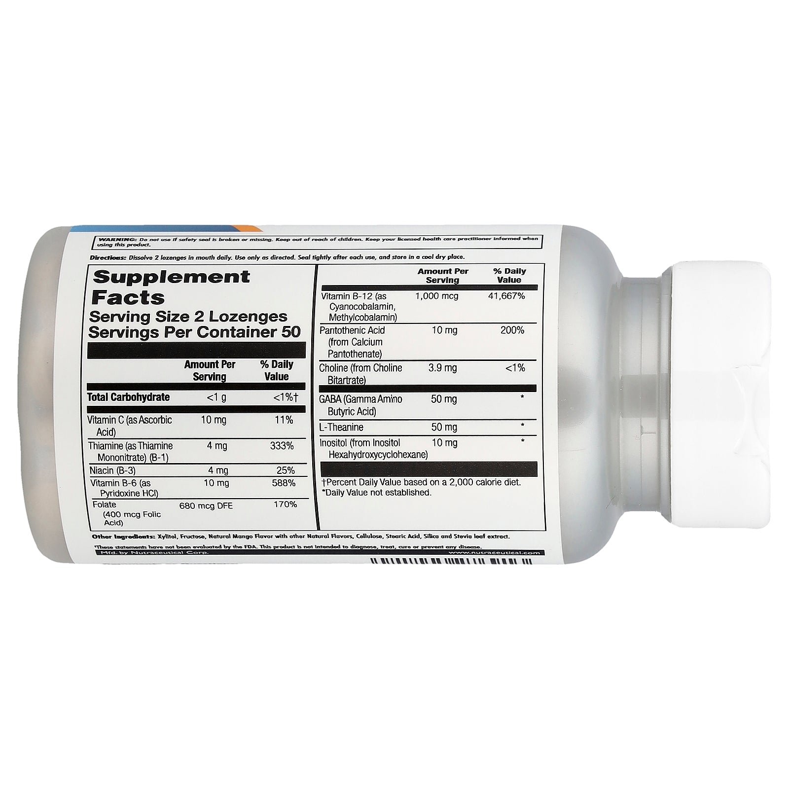 Supplement facts label for KAL GABA L-Theanine Stress B 100 Lozenges