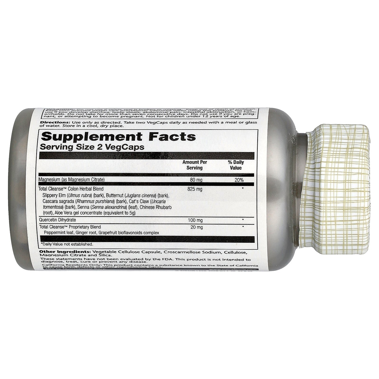 Supplement facts label for Solaray Total Colon Cleanse 60 Capsules