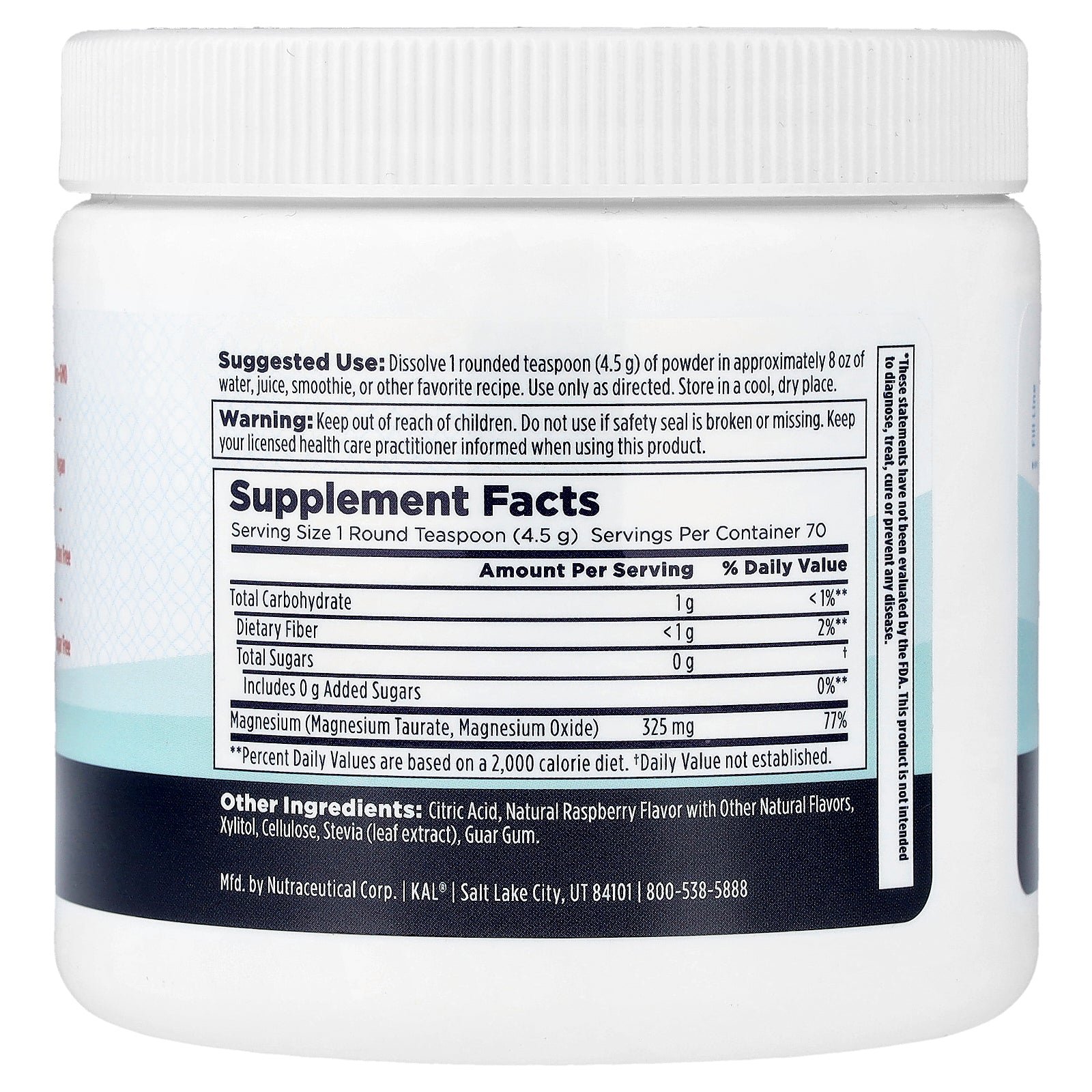 Supplement facts label for KAL Heart Magnesium Powder Red Raspberry