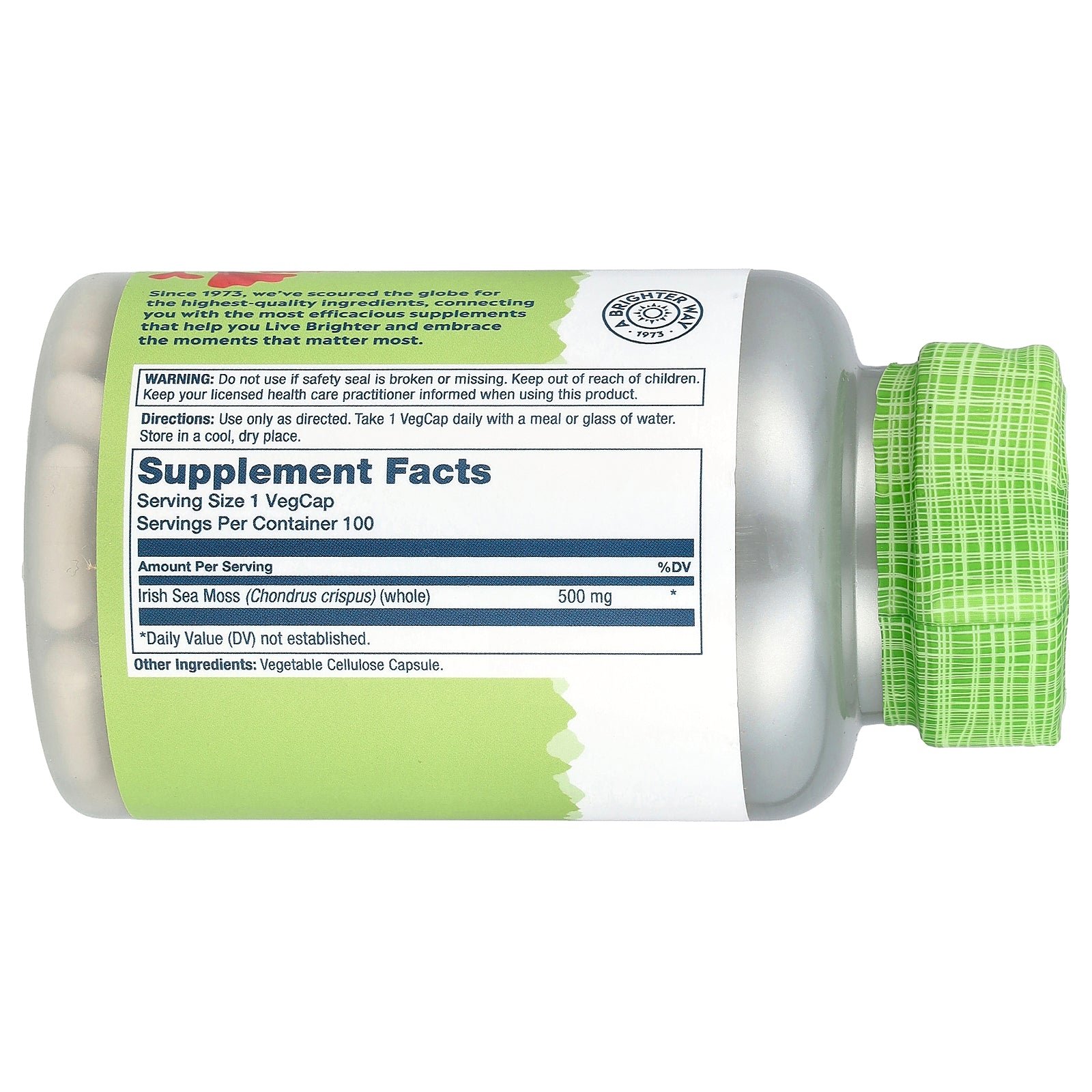 Supplement facts label for Solaray Irish Sea Moss 500mg 100 Capsules