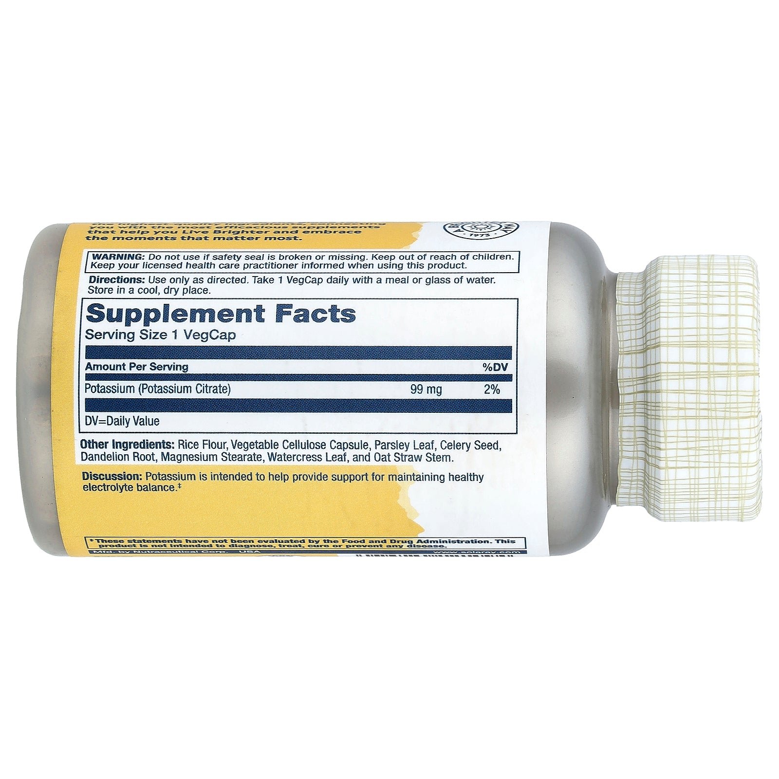 Supplement facts label for Solaray Potassium Citrate 99mg 60 Capsules