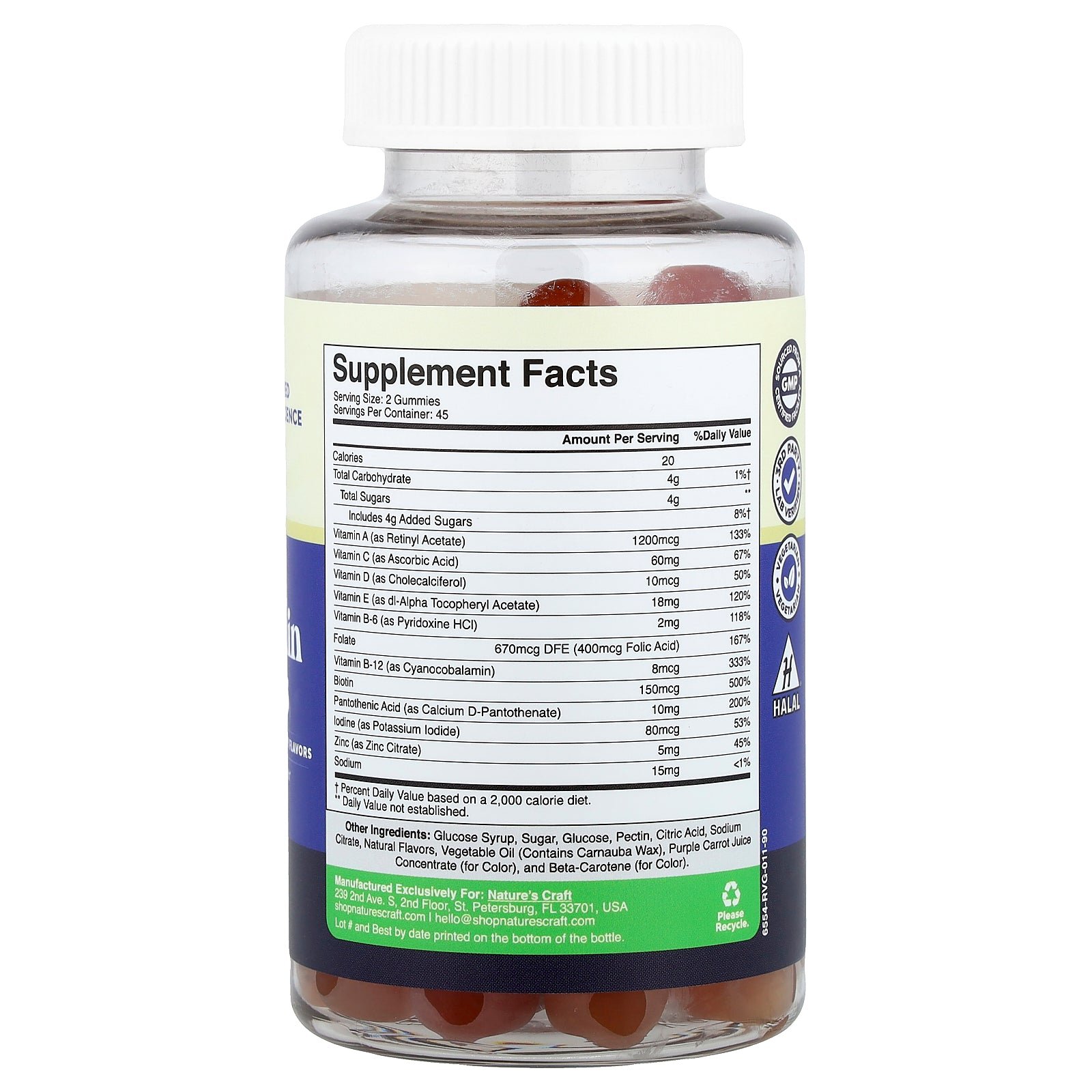 Supplement facts label for Nature's Craft Men's Multivitamin Gummies 90 Gummies