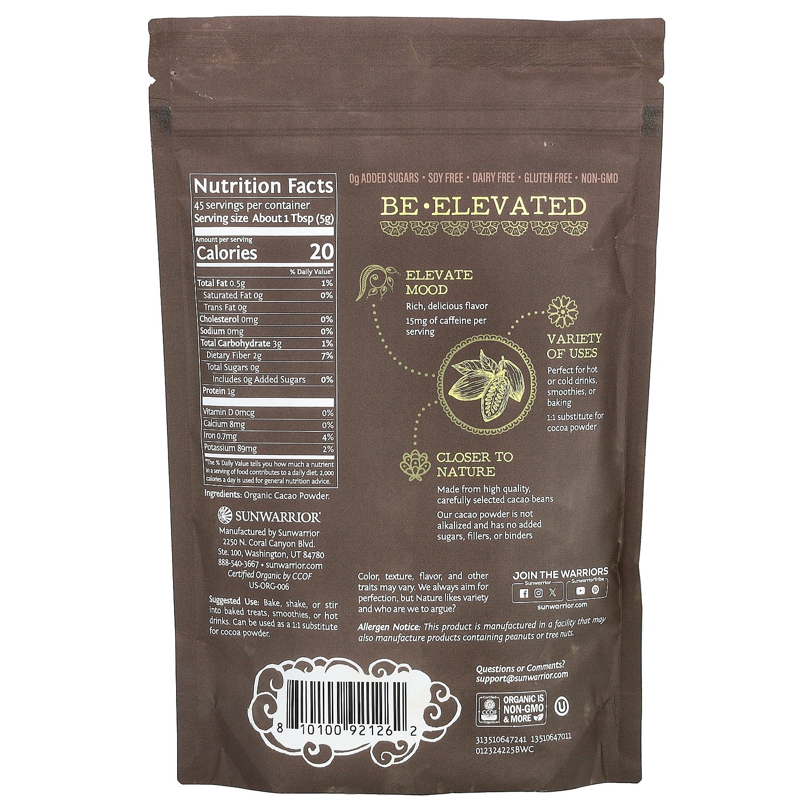 Supplement facts label for Sunwarrior Be Well Organic Cacao Powder 225g