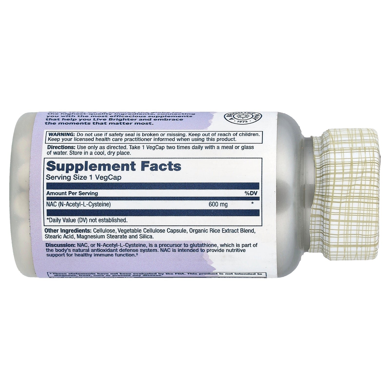 Supplement facts label for Solaray NAC 600mg 60 Capsules