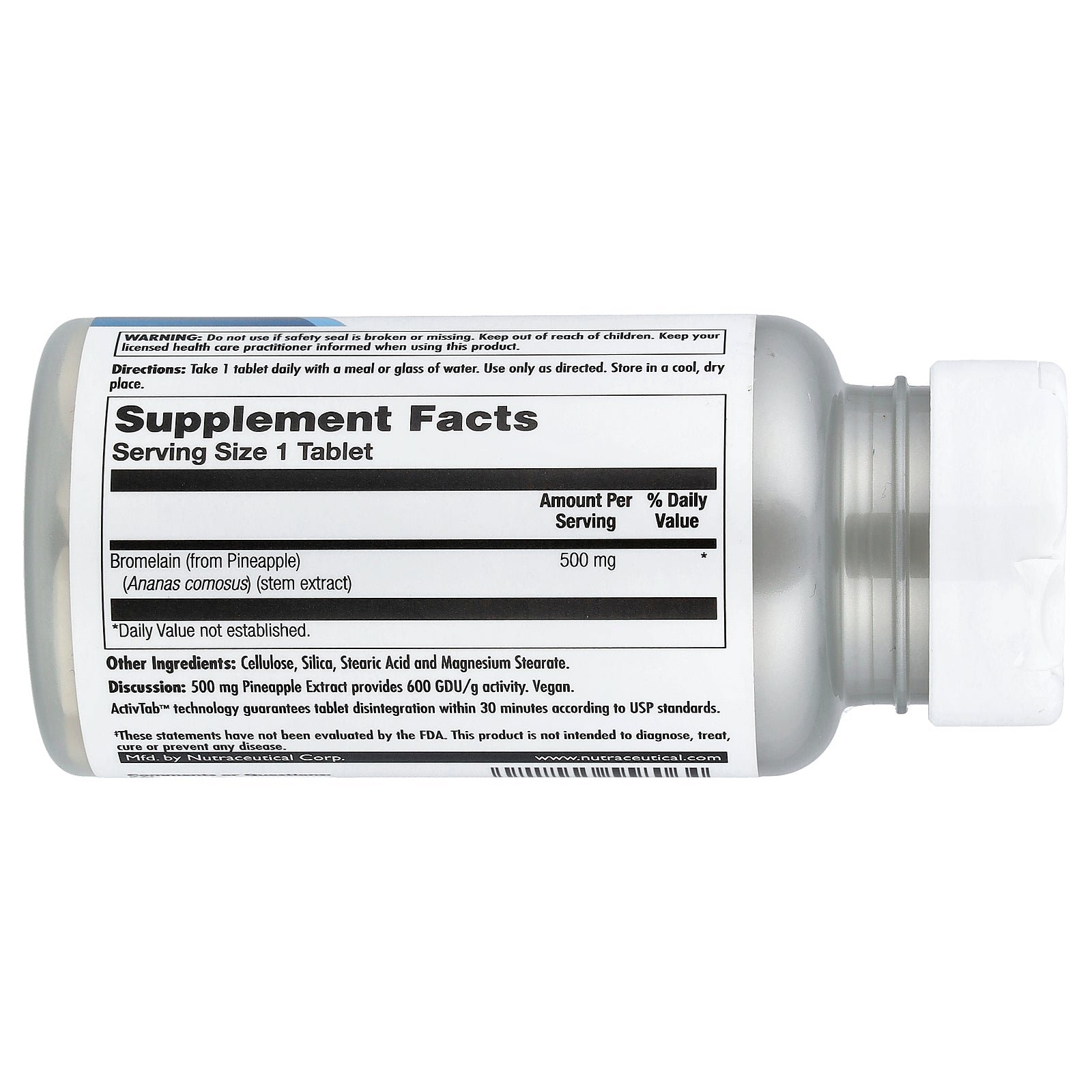 Supplement facts label for KAL Bromelain 500mg 60 Tablets