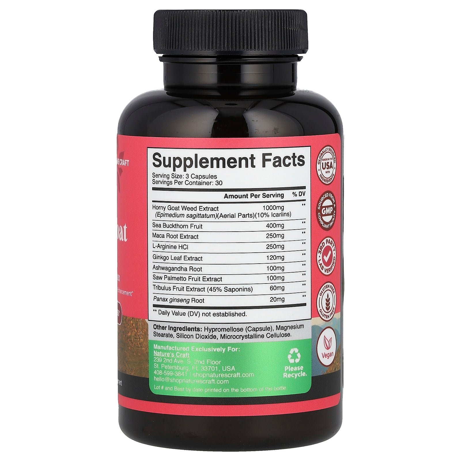 Nature’s Craft Horny Goat Weed Women’s Complex 90 Capsules supplement facts label