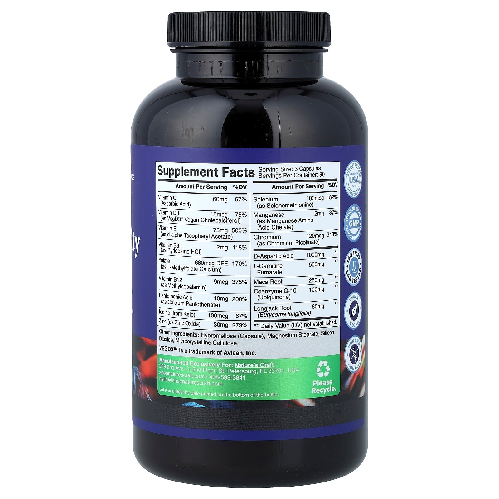 Nature's Craft Male Fertility Support 270 Capsules supplement facts label