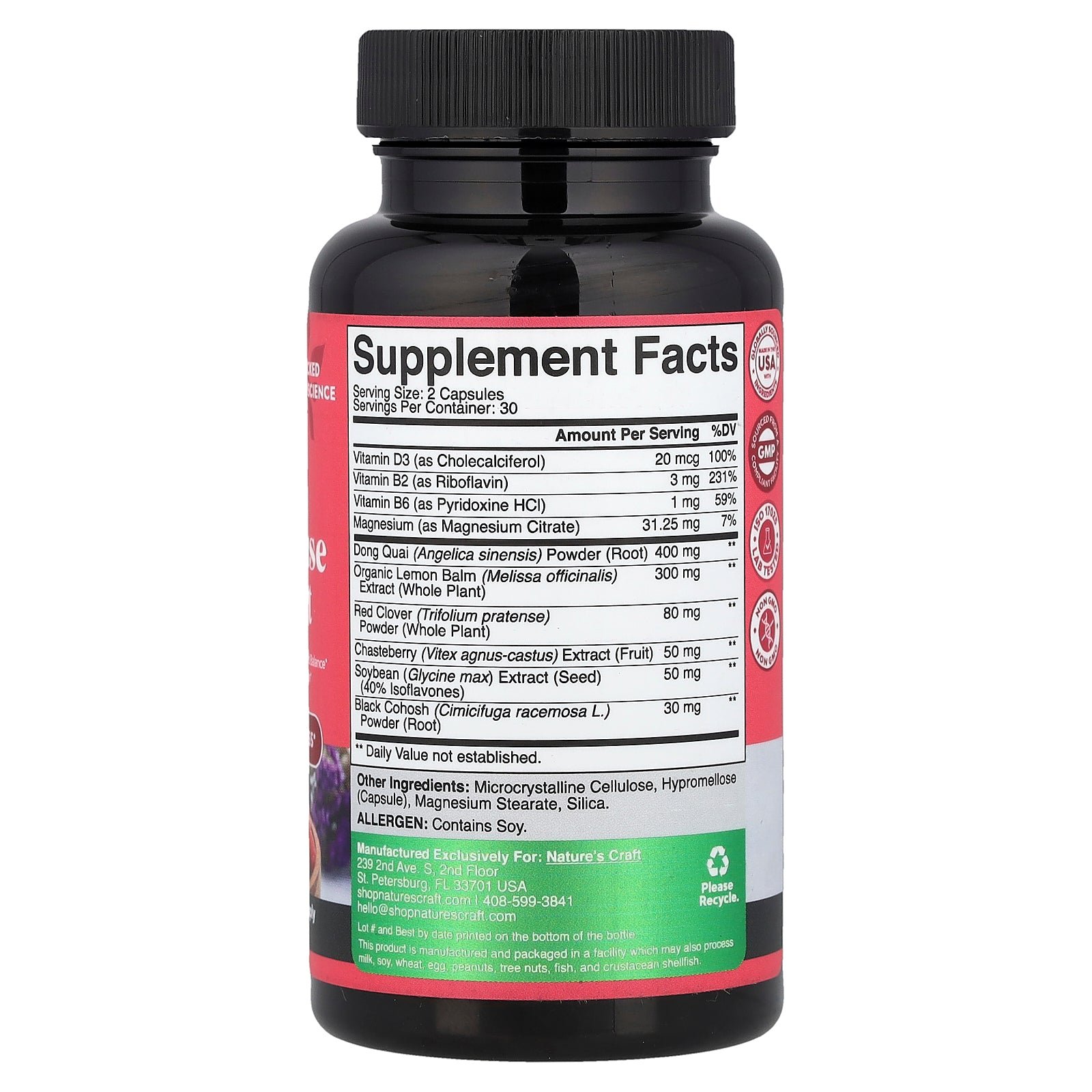 Nature's Craft Menopause Support 60 Capsules supplement facts label