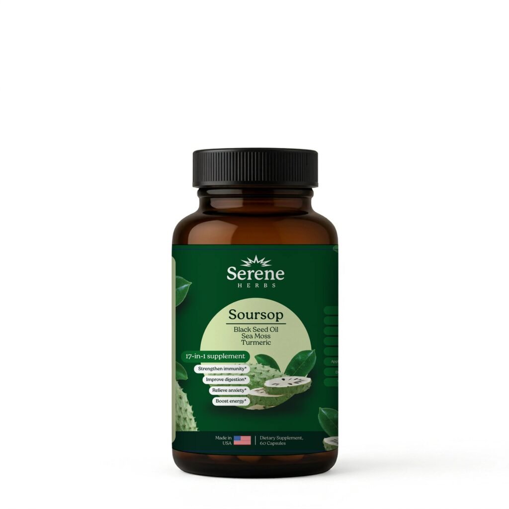 Serene Herbs Soursop, Black Seed Oil, Sea Moss & Turmeric 60 Capsules Serene Herbs Soursop, Black Seed Oil, Sea Moss & Turmeric 60 Capsules