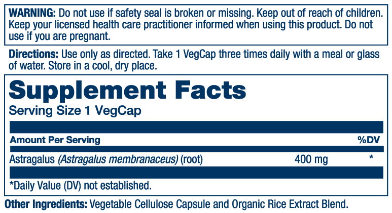 Solaray Astragalus 400mg 100 Capsules supplement facts label
