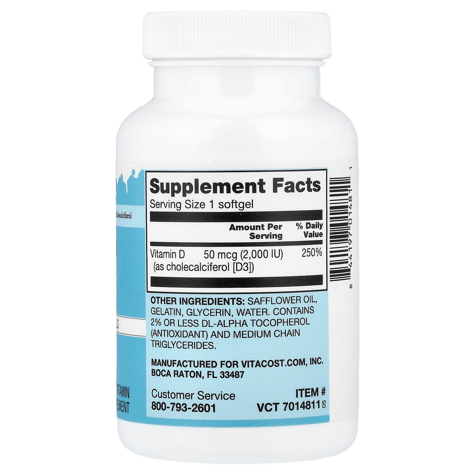 Supplement facts label for Vitacost Vitamin D3 2000 IU 120 Softgels